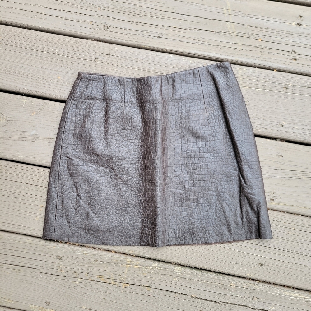 Vintage 90s y2k Bratz Brown Leather Croc Grain Embossed Sexy Mini Skirt‎ 1/2